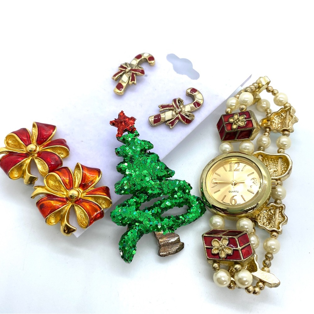 Holiday Christmas Jewelry Bundle Watch Earrings Brooch